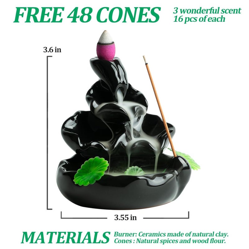 VVMONE Cute Ceramic Backflow Incense Holder Waterfall Incense Burner with 48 Incense Cones and 30 Incense Stick, Incense Fountain for Home Decor, Desk Decor(Black) - Image 2